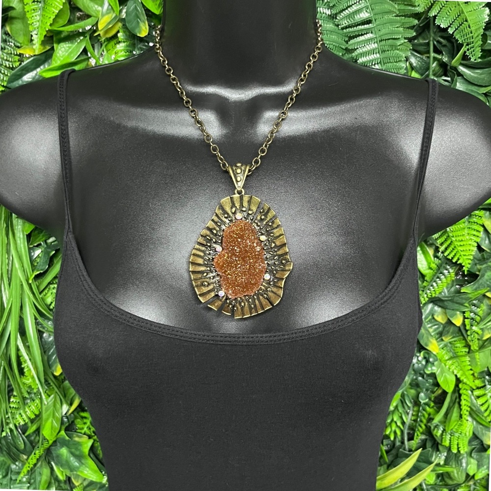 Antique Bronze Tone Necklace Boho‎ Rhinestone Pendant Brown Druzy Statement 3801